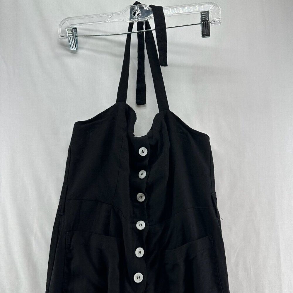 Skylar + Madison Jumpsuit S Linen Cotton Faux Button Front Halter Cropped Black - Picture 3 of 11
